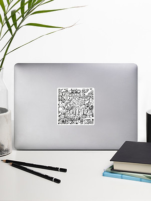 photo of sticker of original artwork that links to "small" things shop page